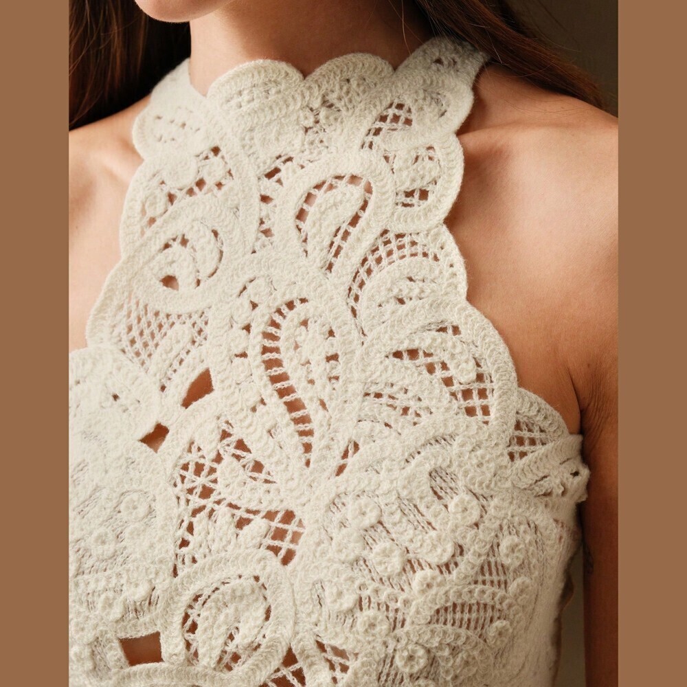 Cream Crochet Lace Halter Crop Top - Picture 4 of 6